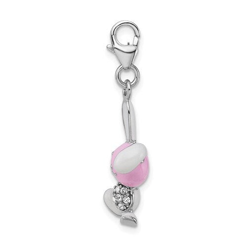 Sterling Silver .925 Enameled 3-D Bunny Charm with Lobster Clasp Ideal for Charm Bracelet or Necklace 1.4"