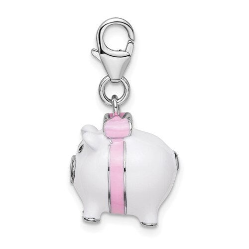 Sterling Silver .925 Enameled 3-D White Pig Charm with Lobster Clasp Ideal for Charm Bracelet or Necklace 1"