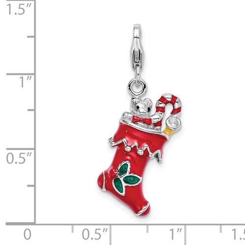 Sterling Silver .925 Enameled 3-D Christmas Holiday Stocking Charm with Lobster Clasp Ideal for Charm Bracelet or Necklace 1"