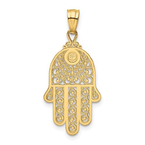 14k Polished Solid Yellow Gold Hamsa or Chamseh Evil Eye Filigree Pendant Charm for a Chain or Necklace 1" Long Not Gold Plated. Real 14K