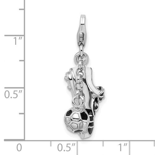 Sterling Silver .925 Enameled 3-D Moveable Soccer Shoe and Ball Charm with Lobster Clasp Ideal for Charm Bracelet or Necklace 1.4"