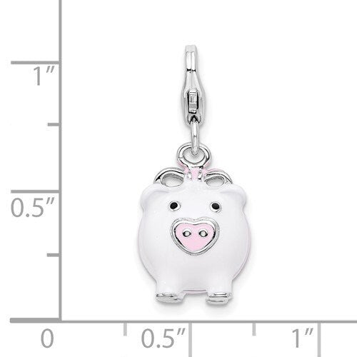 Sterling Silver .925 Enameled 3-D White Pig Charm with Lobster Clasp Ideal for Charm Bracelet or Necklace 1"