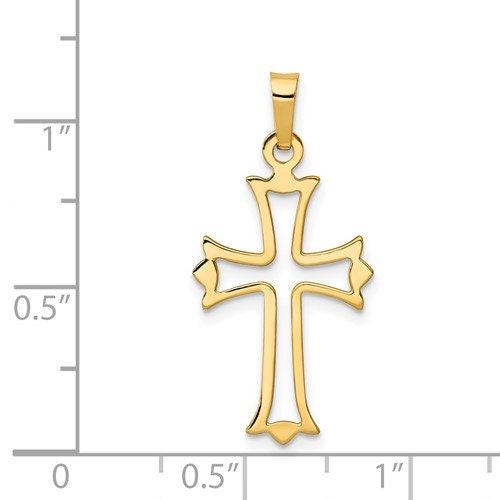14k Solid Yellow Gold Fleur de Lis Cross Polished Cut-out Charm Pendant 1" Long x .5" Width