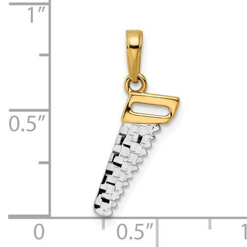 14K 3D Solid Yellow & White Gold Diamond Cut Saw Charm Pendant Charm .9" Long x .4" Wide. Occupations. Great 4 Necklace / Charm Bracelet