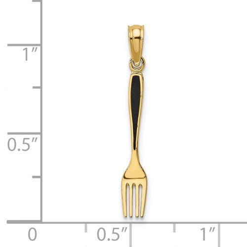14K or 10K Solid Yellow Gold Polished Black Enamel 3-D Table Fork Charm Pendant Charm .8" Long x 4mm Wide. Great 4 Necklace / Charm Bracelet