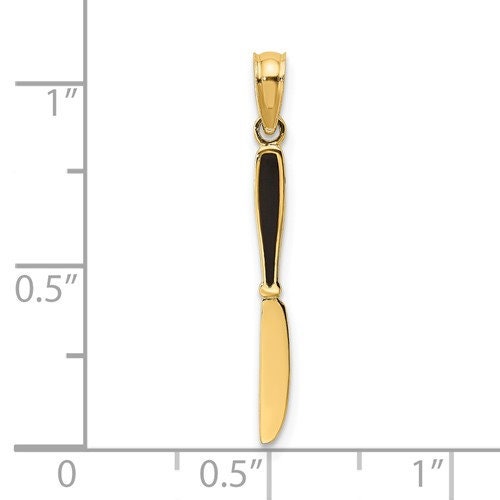 14K Solid Yellow Gold Polished Black Enamel 3-D Table Knife Charm Pendant Charm .8" Long x 3mm Wide. Great 4 Necklace / Charm Bracelet