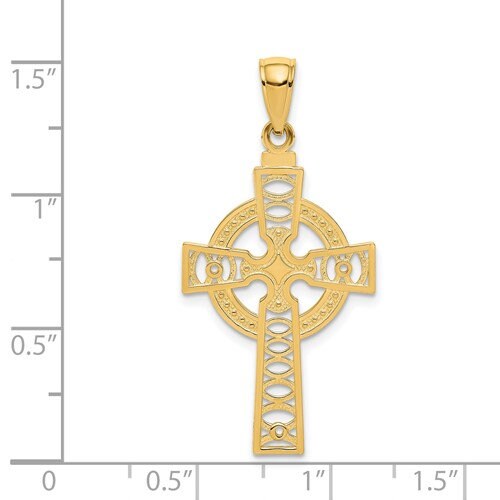 14k Solid Yellow Gold Celtic Iona Claddagh Cross with Eternity Circle Charm Pendant 1.25" Long x .7" Width. Classic Religious Irish Jewelry