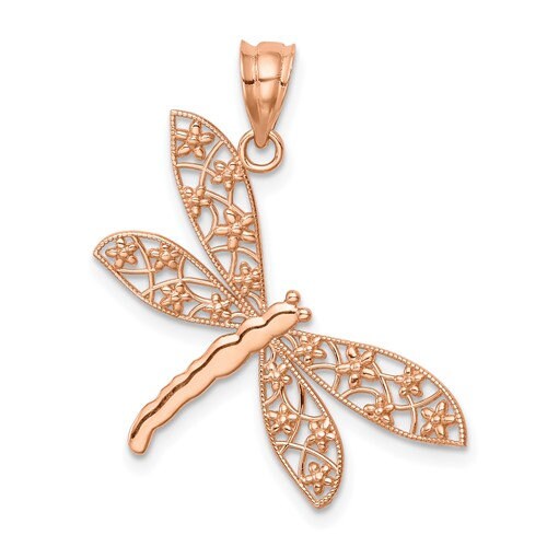 Solid 14K Yellow, Rose or White Gold Filigree Dragonfly Pendant Charm 1.1" Long x 1" Wide