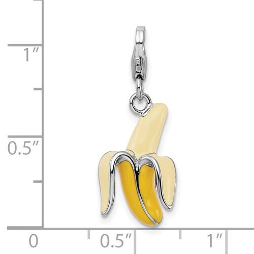 Sterling Silver .925 Enameled 3-D Peeled Banana Charm with Lobster Clasp Ideal for Charm Bracelet or Necklace 1.2"