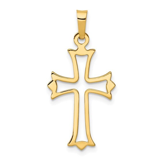 14k Solid Yellow Gold Fleur de Lis Cross Polished Cut-out Charm Pendant 1" Long x .5" Width