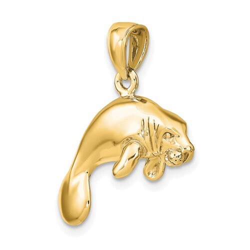 14K Solid Yellow Gold 3-D Polished Swimming Manatee Pendant Charm .5" Long x .9" Wide 4.9 grams