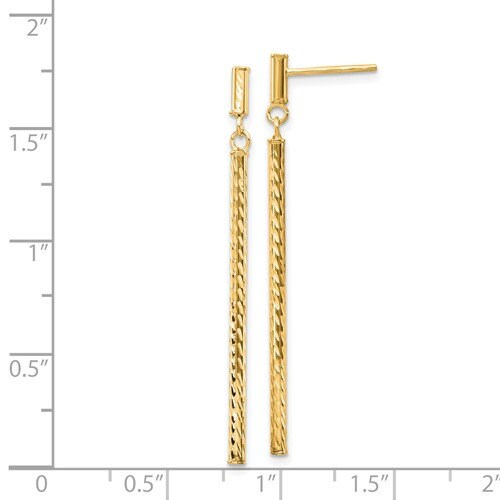 14K Yellow Gold Polished & Diamond Cut Bar Dangle Post 1.6" Long Earrings, Simple Minimalist Dainty Modern NOT gold filed NOT gold-plated