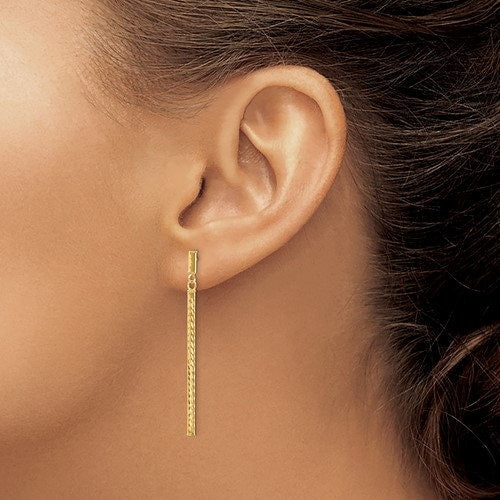 14K Yellow Gold Polished & Diamond Cut Bar Dangle Post 1.6" Long Earrings, Simple Minimalist Dainty Modern NOT gold filed NOT gold-plated