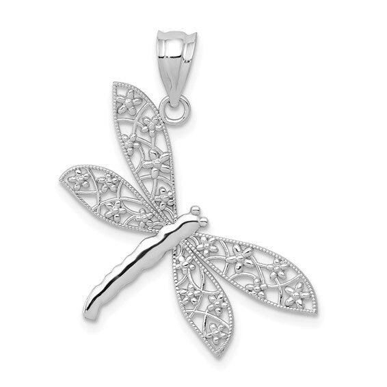 Solid 14K Yellow, Rose or White Gold Filigree Dragonfly Pendant Charm 1.1" Long x 1" Wide