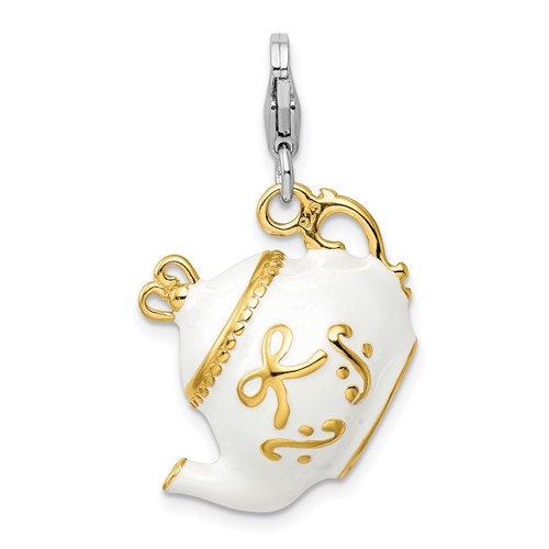Sterling Silver .925 Enameled Tea Pot Charm with Lobster Clasp Ideal for Charm Bracelet or Necklace 1 1/4"
