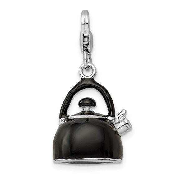 Sterling Silver .925 Enameled Black Tea Kettle Charm with Lobster Clasp Ideal for Charm Bracelet or Necklace 1 1/4"