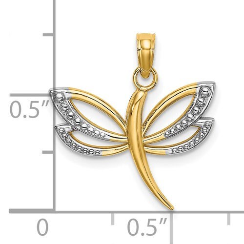 10K Solid Yellow with Rhodium Textured Dragonfly Gold Small Butterfly Pendant Charm .7" Long