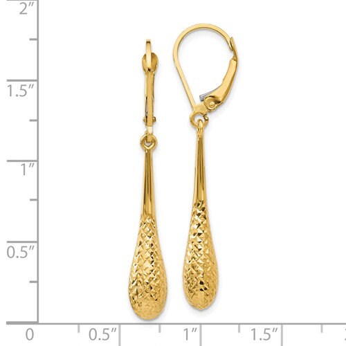 14K Yellow or White Gold Diamond Cut Teardrop Dangle Lever back 1 1/2" Long Earrings, Simple Minimalist Dainty Modern NOT gold filed