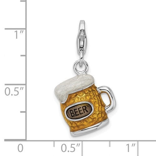 Sterling Silver .925 Enameled 3-D Beer Mug Charm with Lobster Clasp Ideal for Charm Bracelet or Necklace 3/4 "