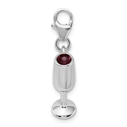 Sterling Silver .925 Enameled Red Wine Glass Charm with Lobster Clasp Ideal for Charm Bracelet or Necklace 1 1/4"
