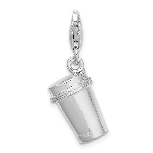 Sterling Silver .925 Enameled To Go Coffee Cup Charm with Lobster Clasp Ideal for Charm Bracelet or Necklace 1 1/4"