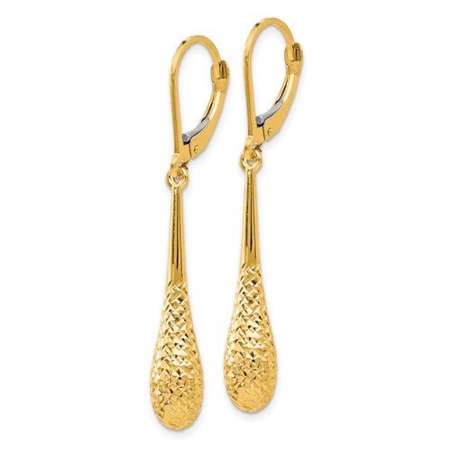 14K Yellow or White Gold Diamond Cut Teardrop Dangle Lever back 1 1/2" Long Earrings, Simple Minimalist Dainty Modern NOT gold filed
