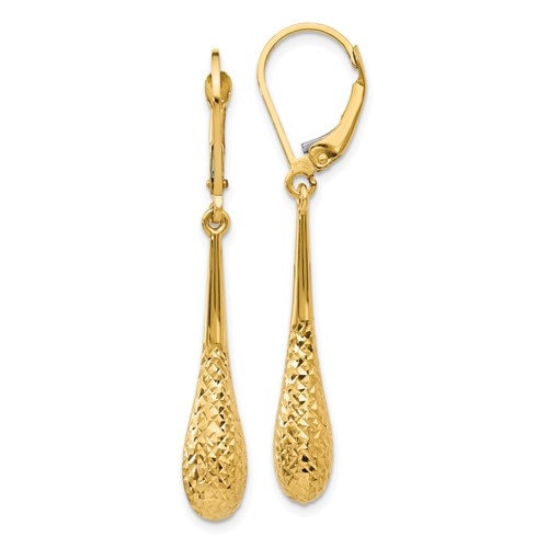 14K Yellow or White Gold Diamond Cut Teardrop Dangle Lever back 1 1/2" Long Earrings, Simple Minimalist Dainty Modern NOT gold filed