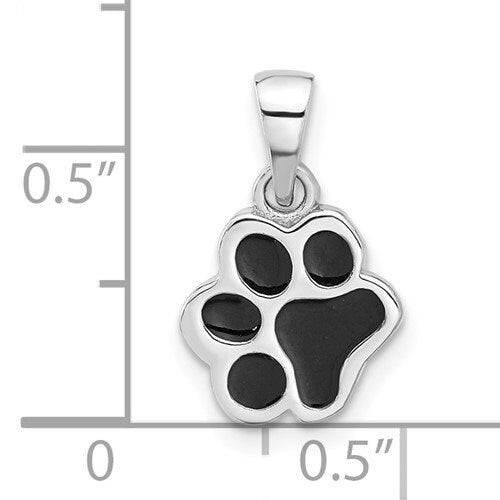 925 Sterling Silver Tiny Solid Dog Paw Puppy Pendant Charm for a Chain or Necklace .5" Long Black Enameled.