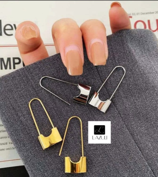 Pair of 18K Gold Plated Safety Pin Earrings, Drop 1.2" Long, Paperclip Earrings, Lock Earring Padlock Earrings. Simple Minimalist Dainty