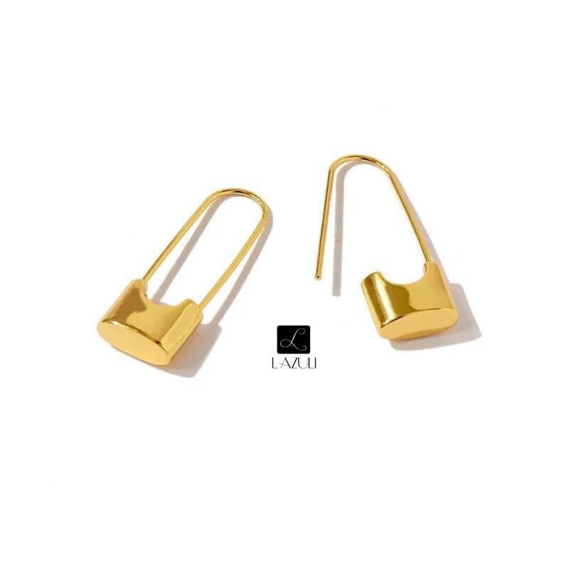 Pair of 18K Gold Plated Safety Pin Earrings, Drop 1.2" Long, Paperclip Earrings, Lock Earring Padlock Earrings. Simple Minimalist Dainty