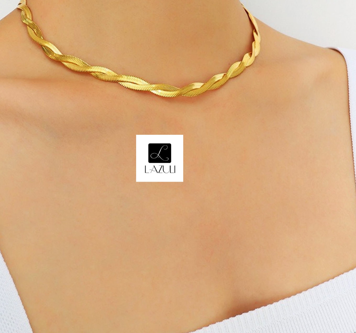 18K Gold Plated Twisted Double Layer Herringbone Chain Snake Choker Necklace 16" with 2" Extension or 6.5" Bracelet with 2.5" Extension.