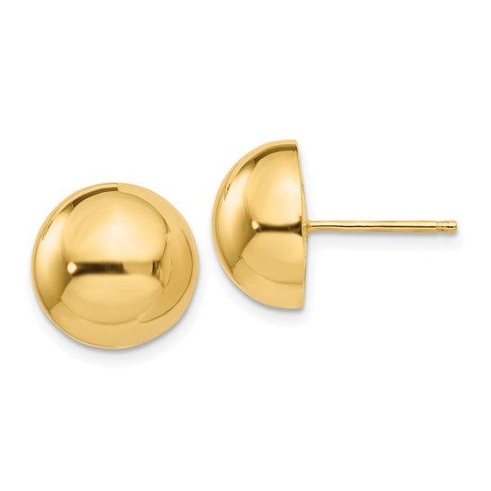 14K Yellow or White Gold Polished 12mm Half Ball Post Earrings, Simple Minimalist Dainty NOT gold filed NOT gold-plated. Free US Shipping
