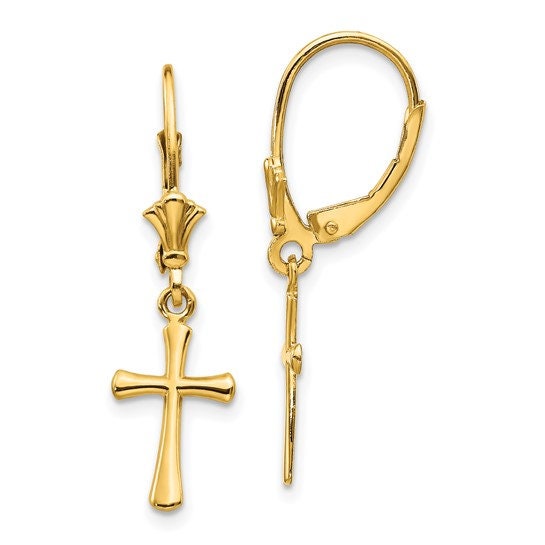 14K Yellow Gold Cross Dangle Leverback 1" Long Earrings, Simple Minimalist Dainty Modern NOT gold filed NOT gold plated Ships Free