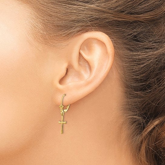 14K Yellow Gold Cross Dangle Leverback 1" Long Earrings, Simple Minimalist Dainty Modern NOT gold filed NOT gold plated Ships Free