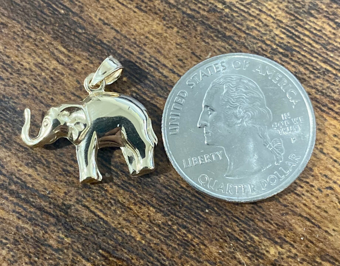 14K Solid Yellow Gold Small Elephant Pendant Charm .8" Long