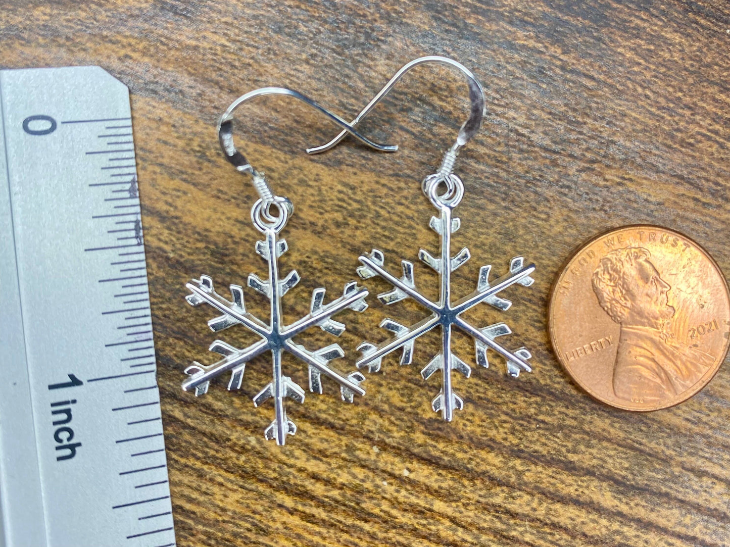 Sterling Silver .925 Snowflake Dangle French Wire 1.25" Long Earrings, Simple Minimalist Dainty Modern Drop & Dangle Shepherd Hook Earrings