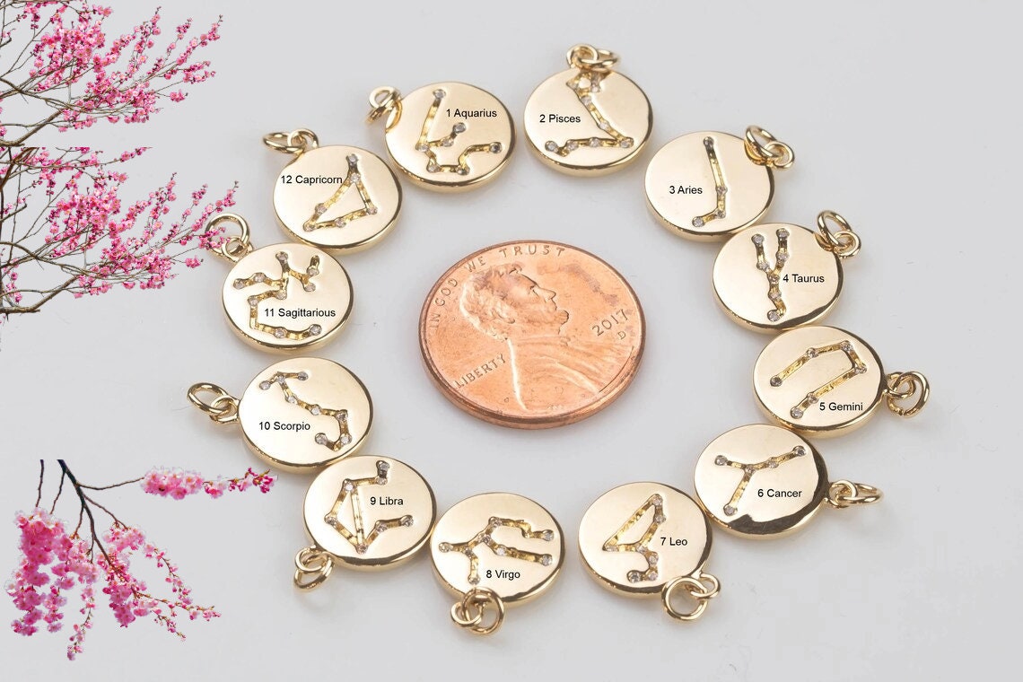 Custom Horoscope Necklace Small Astrology Zodiac Symbol Charms Constellation Gold Pendant with 18" Chain+ 2" Extension. Minimalist Jewelry.
