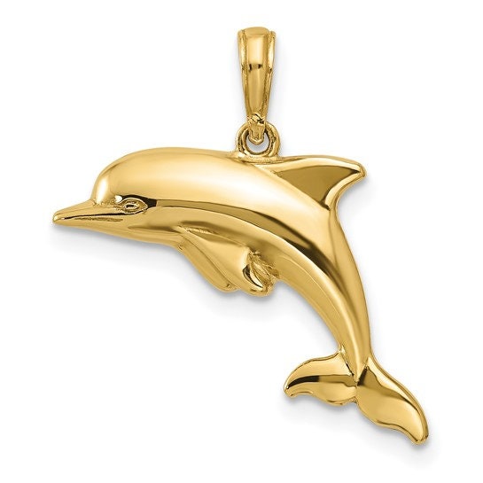 10k Yellow Gold Dolphin Pendant Charm for a Chain or Necklace .9" Long Not Gold Plated. Real 10K Gold. Bail can fit up 4mm chain.