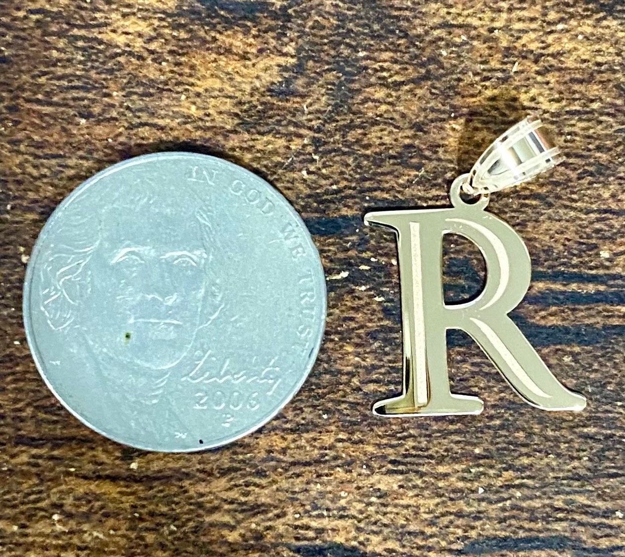10K or 14K Solid Gold Initial Letter Alphabet Charm Pendant 3/4 " Long Laser Etched Block Font Simple Minimalist Yellow or White Gold