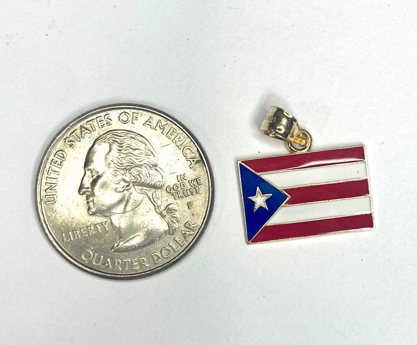 14K Solid Yellow Gold Enameled Puerto Rico Flag Pendant Charm .8" Long