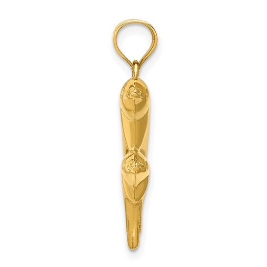14k Yellow Gold 3-D Pair Dolphin Pendant Charm for a Chain or Necklace .9" Long Not Gold Plated. Real 14K Gold. Bail can fit up 4mm chain.