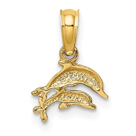 10k Yellow Gold Small Double Dolphin Pendant Charm for a Chain or Necklace 1/4" x 1/4" Not Gold Plated. Real 10K. Bail can fit up 5mm chain.