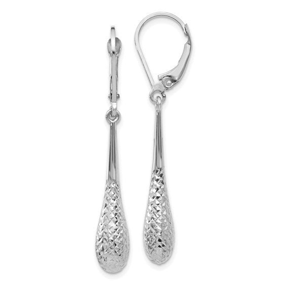 14K Yellow or White Gold Diamond Cut Teardrop Dangle Lever back 1 1/2" Long Earrings, Simple Minimalist Dainty Modern NOT gold filed