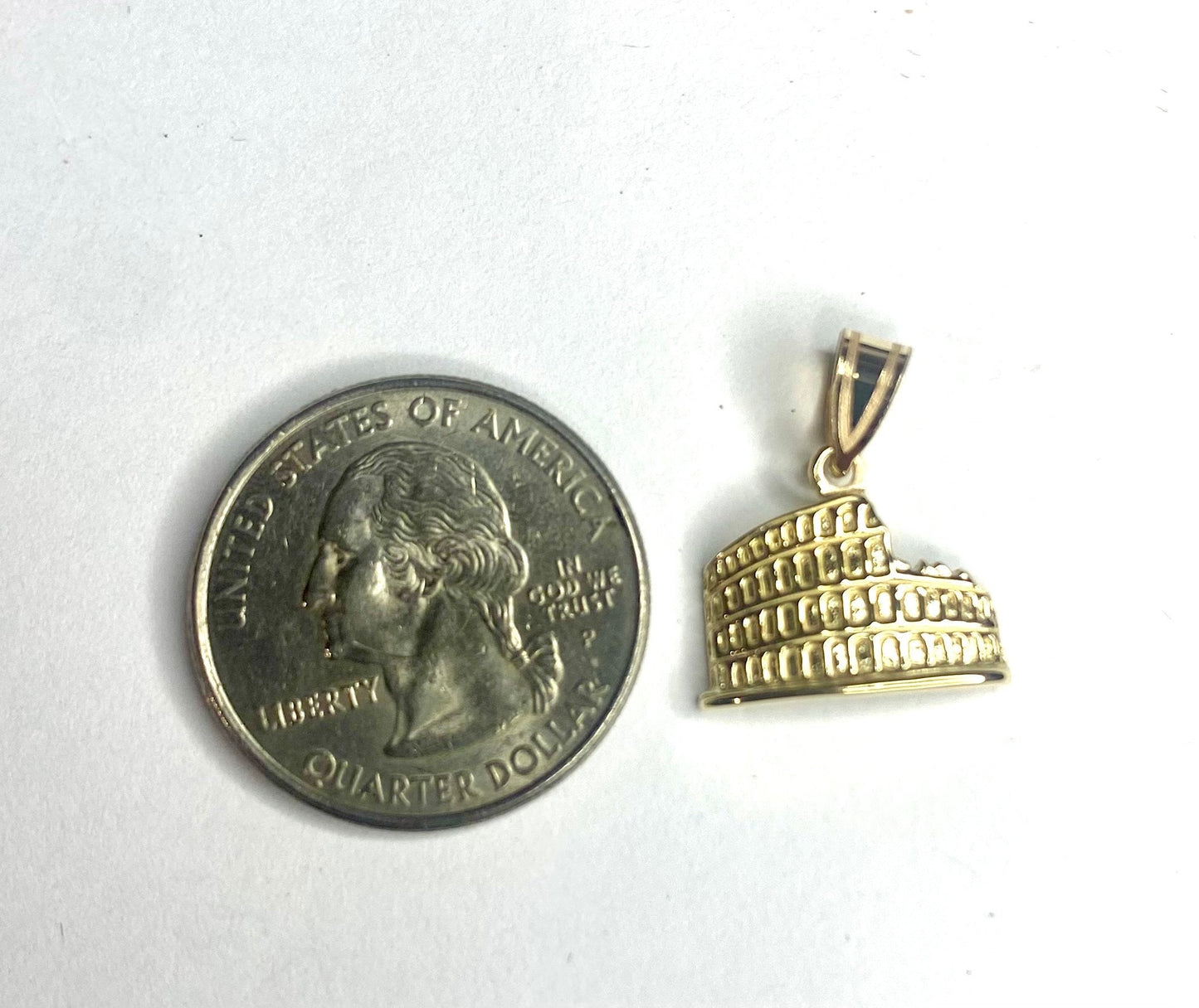 14K Solid Yellow Gold Textured Italy Coliseum Charm Pendant Charm .6" Longx.6" Wide. Destination Travel Great 4 Necklace or Charm Bracelet