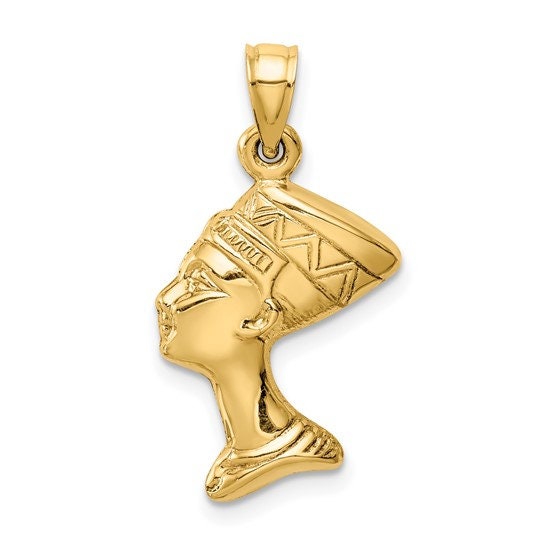 14K or 10k Solid Yellow Gold Polished 3-D Nefertiti Egyptian Queen Charm Pendant Charm 1" Long x .5" Wide. Great 4 Necklace / Charm Bracelet