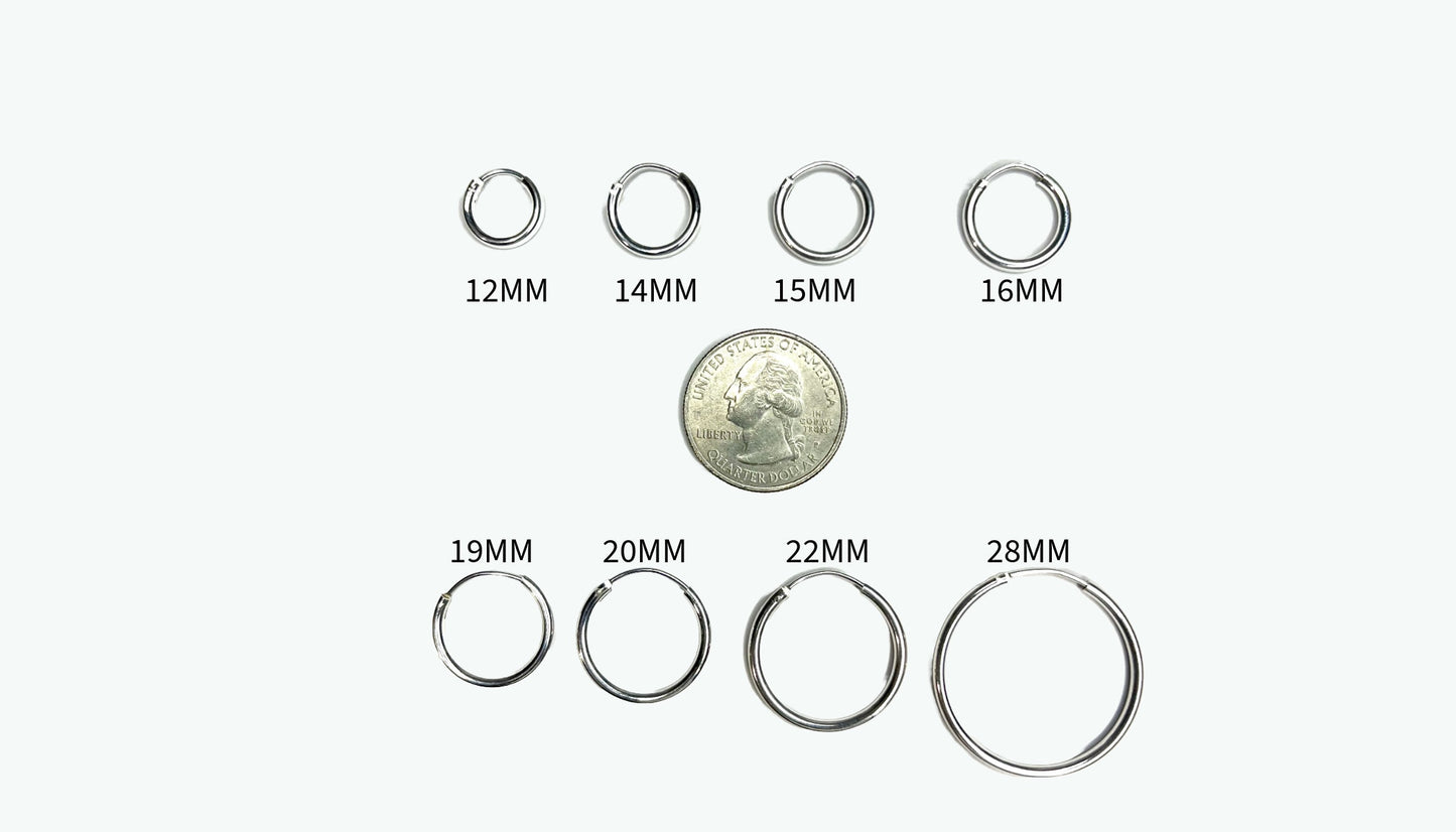 925 Sterling Silver 2mm Endless Hoop Earrings different sizes, Simple Minimalist Tarnish Resistant all sizes piercing everyday wear.