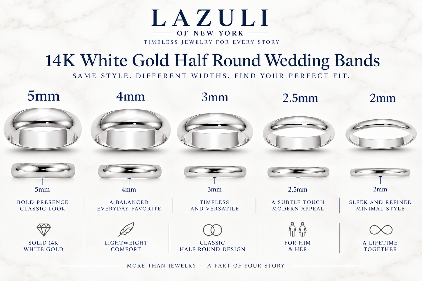 14K Solid White Gold Wedding Band – Classic Men's & Women's Ring, 2mm–5mm