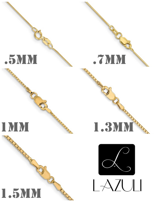 14k Yellow Gold .5mm .7mm 1mm Box Chain Necklace 16",18",20",22",24",26",28", 30"