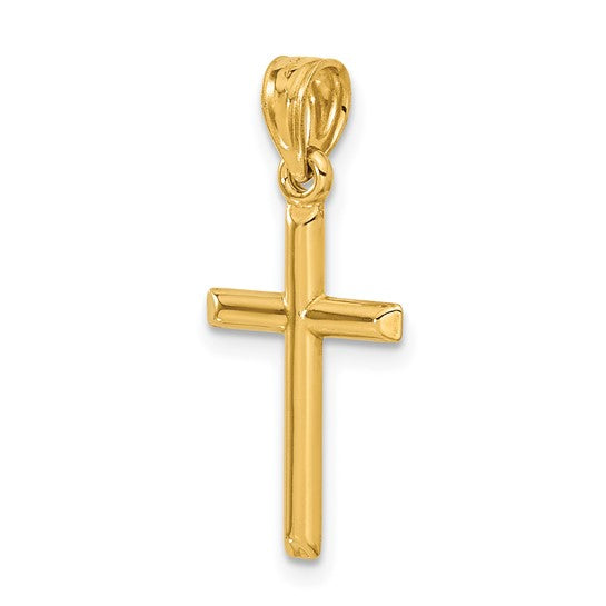 14k Yellow Gold Small Beveled Cross Round Tips for a Chain  .75" Long x .4" Width. Classic Religious Minimalist Jewelry everyday use gift