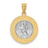 14K and White Rhodium Solid St. Christopher Medal Greek Key Edge Round Pendant